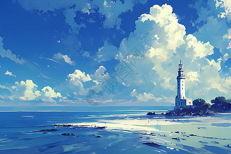 蓝天白云下的海岸灯塔图片