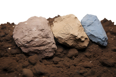 三块不同颜色的石头放在土堆上图片