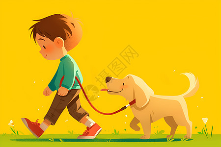 男孩牵着狗在公园里散步图片
