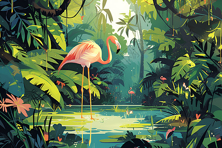 热带丛林中的火烈鸟图片