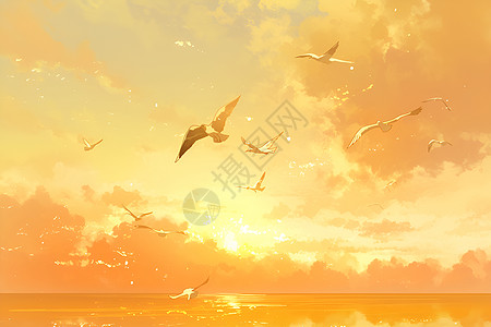 绘画的日出和海鸥图片