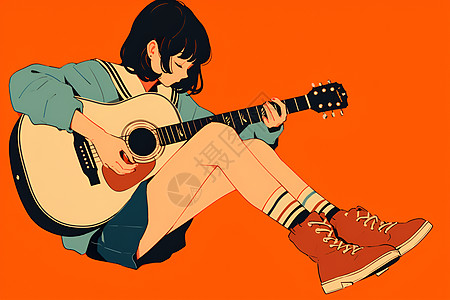 女孩低头弹吉他图片