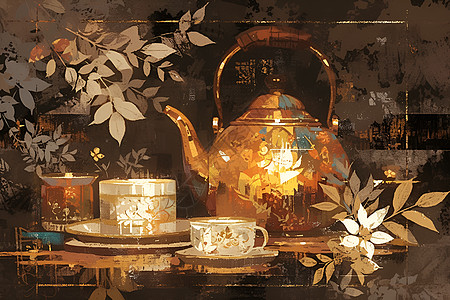 铜壶和茶杯图片