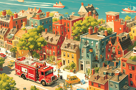 一辆红色消防车停在住宅区周围图片