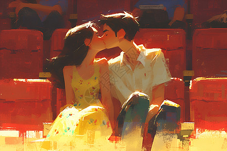 电影院里一对情侣在亲吻图片