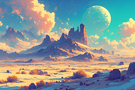 荒漠中的群山和月亮图片