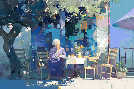 紫色裙装的老妇女在喝下午茶图片