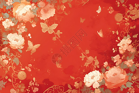 红色壁纸上的花朵图片