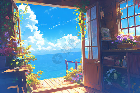 艺术家的工作室窗前的海景图片