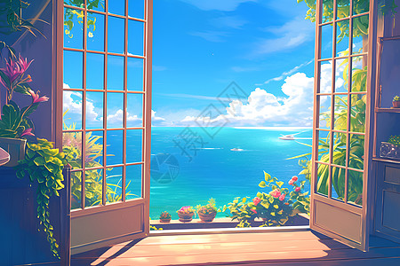 碧海蓝天间的窗户景观图片