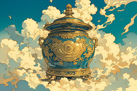 静谧云天中的古朴青铜罐子图片