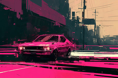 粉色轿车穿越街道图片