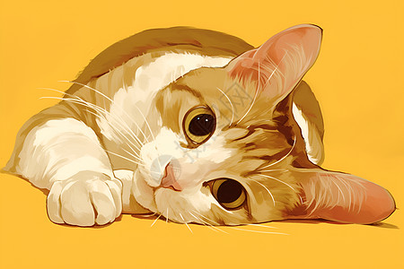 毛茸茸的艺术猫咪在黄色背景中躺着眼睛睁开舌头伸出图片