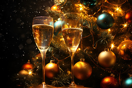圣诞树与香槟杯图片
