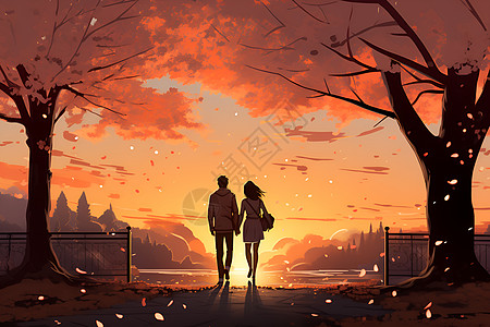 日落下在公园漫步的情侣图片