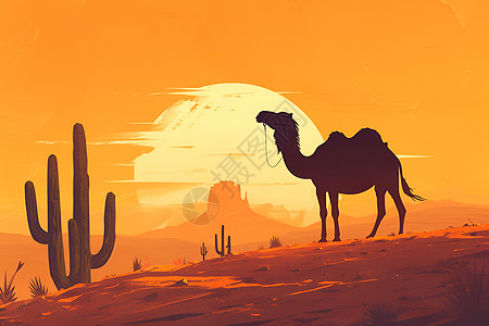 夕阳下的骆驼和仙人掌图片