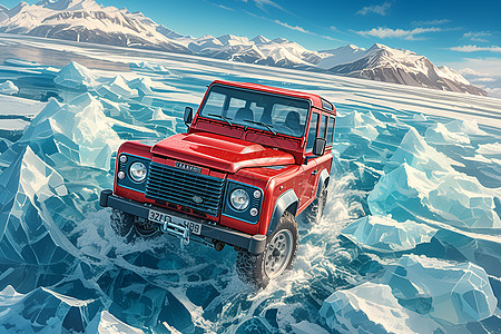 红色经典越野车穿越冰湖图片