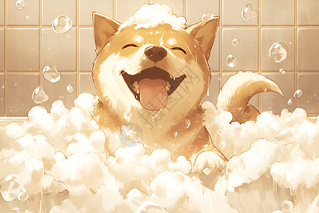 浴缸里洗澡的柴犬图片