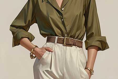 绿衫白裤的女性图片