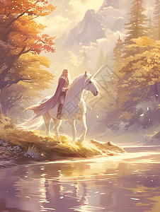 河边骑白马的人图片
