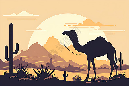 沙漠里的骆驼和仙人掌图片