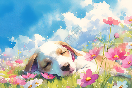 草地中的小狗和花朵图片