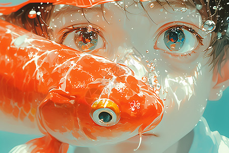 男孩与红色锦鲤在水下图片