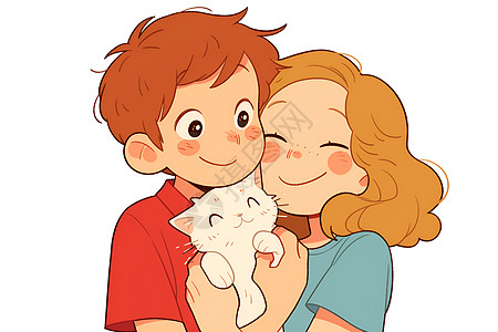男孩和女孩抱着一只猫图片