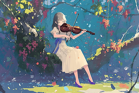 森林中女子演奏小提琴图片
