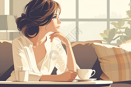 优雅女性在窗边喝咖啡图片