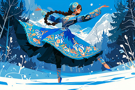 雪地上的蓝裙舞女图片