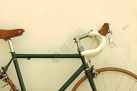 绿色自行车倚靠墙壁图片