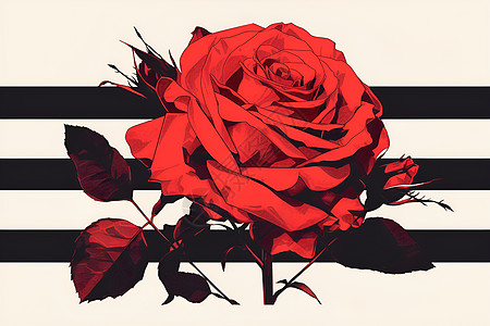黑白条纹下的红玫瑰图片