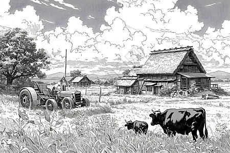 田间的房子和牛儿图片