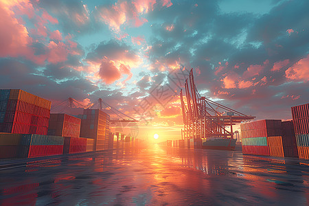 夕阳下的港口图片