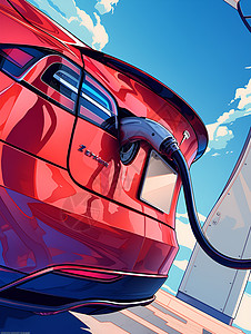 红色汽车在加油站充电蓝天白云背景下的细致插图图片