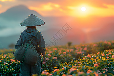 黄昏下的茶园与茶农图片