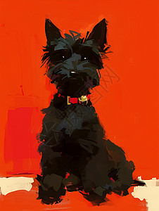 红色背景前的小黑狗图片