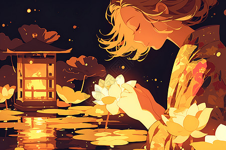 湖畔夜色中小女孩在整理莲花灯图片
