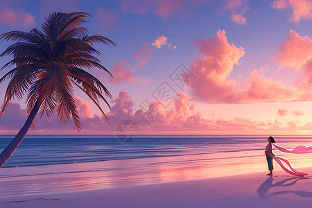 夕阳下女子在沙滩上图片