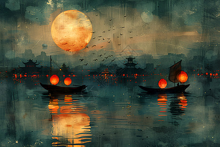 夜晚水上飘荡的灯笼船图片