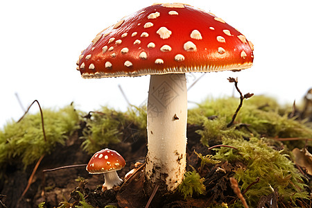 苔藓上的红蘑菇图片