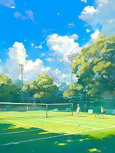 蓝天下翠绿的网球场图片
