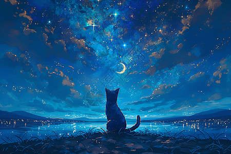 夜空下的猫咪图片