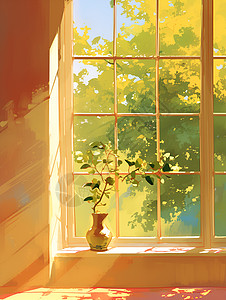 阳光照进窗前的花瓶图片