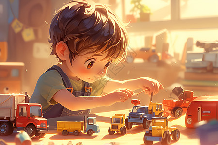 小男孩在修理卡车玩具图片