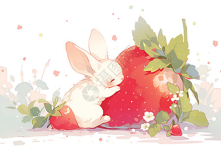 水彩的兔子和草莓图片
