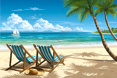 阳光沙滩上的两把沙椅图片