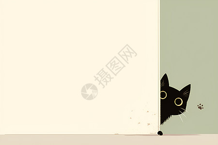 墙后的黑猫插画图片