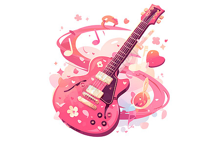 粉色吉他上的音符与爱心图片